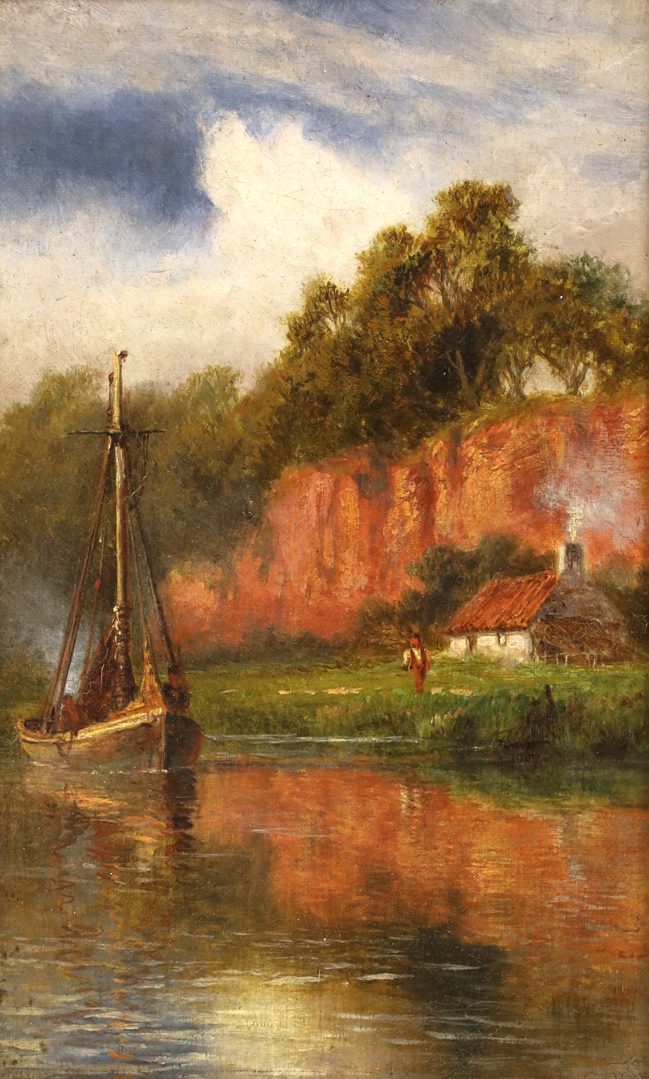 Robert Gallon (1845-1925), oil on canvas, River landscape with sail boat and thatched cottage, signed, 27 x 17cm